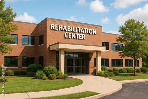 Fototapeta Modern rehabilitation center building on sunny day. concept of healthcare facility, healing environment, recovery services.