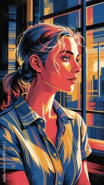 Fototapeta A stylized, vibrant picture of a woman in a side profile, gazing out of a window, blending realism and abstract art