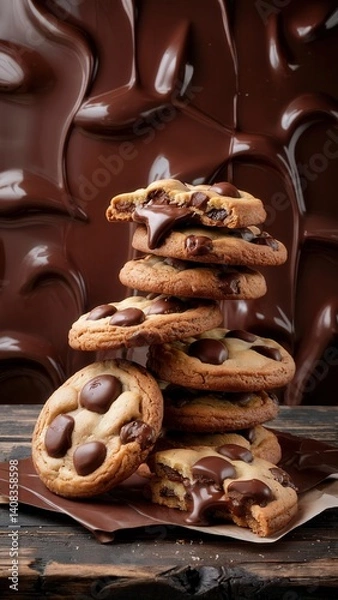 Fototapeta a tall stack of freshly baked chocolate chip cookies arranged artfully on a dark wooden surface