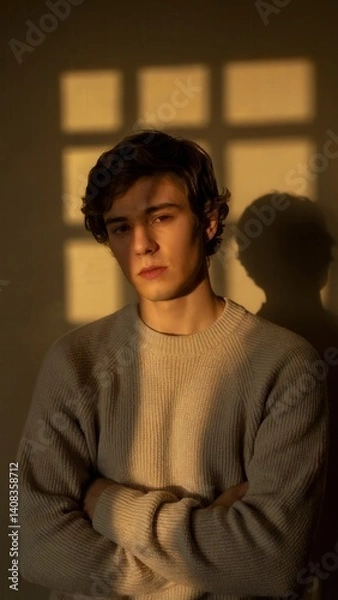 Fototapeta A warm, atmospheric portrait of a young man with wavy brown hair