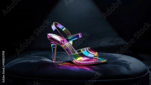 Fototapeta High-heel shoe made of iridescent glass on a black velvet cushion