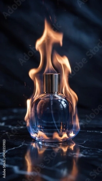 Fototapeta Perfume bottle with a silver cap and a translucent blue glass body, engulfed in flames on a black marble surface