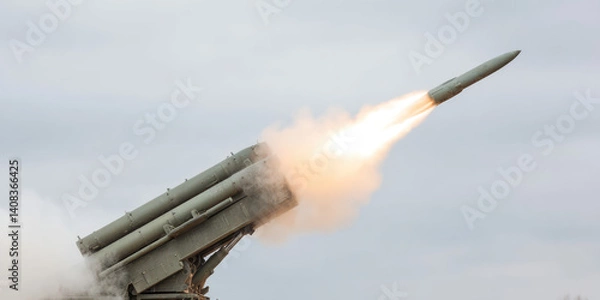 Fototapeta Missile launch system with rockets, military defense strength. Arming the country, threat of missile attack 