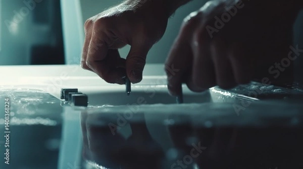 Fototapeta Plumber installing a toilet in a modern bathroom. Featuring precision and expertise