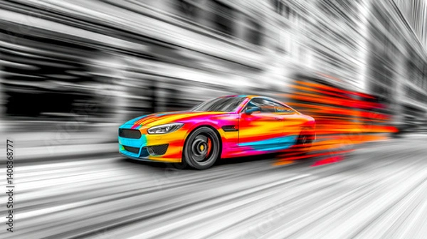 Fototapeta Colorful sports car speeding through city streets