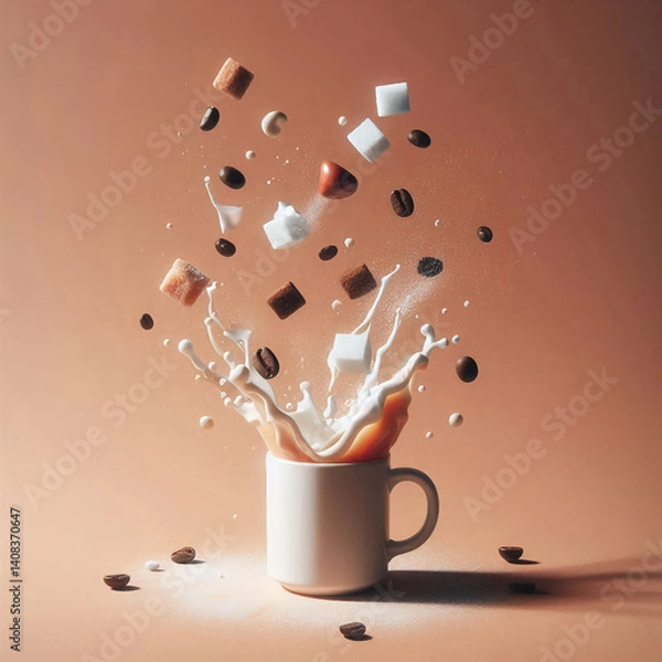 Fototapeta A splash of morning drink with marshmello and chocolate chunks on a beige background.