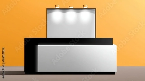 Fototapeta Modern Black and White Reception Desk with Blank Signage and Spotlights