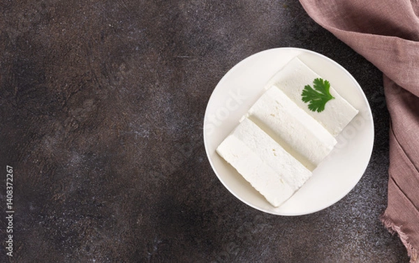 Obraz Tradition Indian paneer cheese on wooden board on dark background. Top view. Copy space. Indian food.