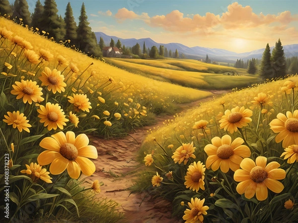Fototapeta Cheerful Yellow Wildflower Field on a Warm Spring Day