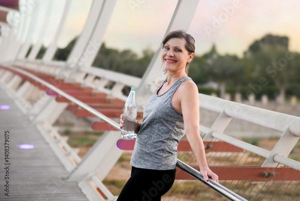 Obraz Active middle-aged woman doing stretching and jogging outdoors at sunset