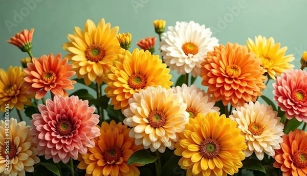 Fototapeta Bright orange flowers with green leaves and stems on a soft muted green background, greeting card for spring holidays