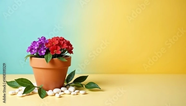Fototapeta Small clay pot with purple and red flowers, surrounded by white decorative stones and green leaves. Light blue to yellow gradient background. Floral greeting card with space for text