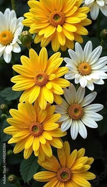 Fototapeta Group of bright daisies with yellow and white petals arranged in an inflorescence on a green leafy background. A beautiful botanical background for spring and summer cards