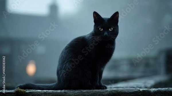 Obraz A black cat sits on a wall, its gaze intense as it locks eyes with the camera, surrounded by a moody, mysterious atmosphere