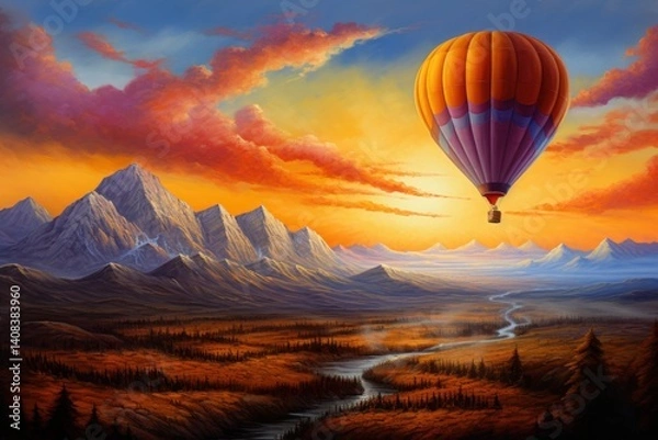 Obraz A hot air balloon soars gracefully above a breathtaking landscape, the golden hues of sunset painting the clouds and the mountains in a radiant light