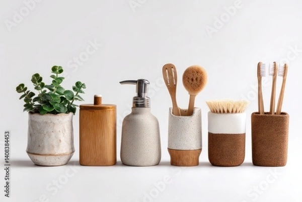 Fototapeta A row of eco-friendly household products on a white background, showcasing their practical and stylish designs for sustainable living