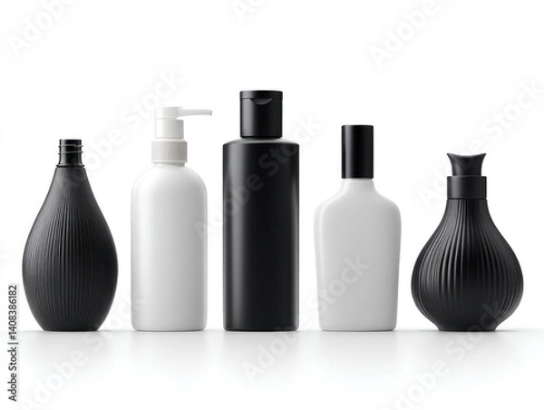 Obraz Black and white plastic cosmetic bottles set, each with unique shapes and smooth surfaces, isolated on a white background to highlight their minimalist designs for skincare and beauty products