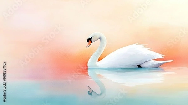 Fototapeta   White swan on water, red & yellow background, reflection