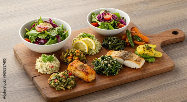 Obraz Gourmet Wooden Board Displaying Diverse Healthy Dishes For Meal Preparation