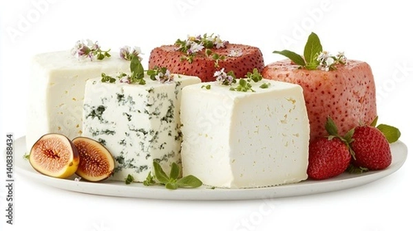 Fototapeta  A white plate filled with various cheeses and fruits sits next to a figurine