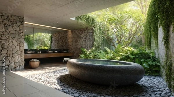 Obraz Luxury open-air bathroom with garden integration