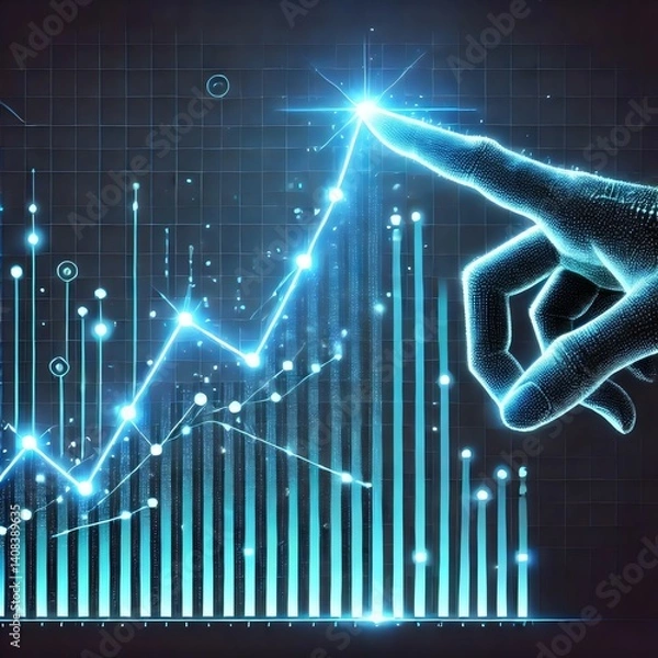 Fototapeta A glowing digital hand touches the peak of a rising neon chart, igniting the graph with energy and light