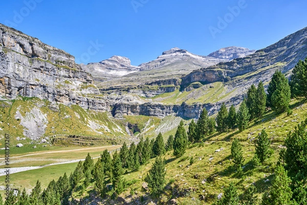 Obraz Ordesa Valley in the Pyrenees. Cola de Caballo Waterfall in the background. Ordesa and Monte Perdido National Park, Huesca, Aragon, Spain.