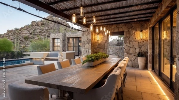Obraz Luxury outdoor dining room with long wood table and canopy