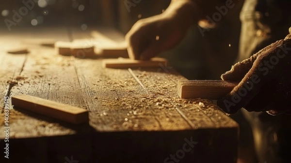Fototapeta Carpenter measuring wooden planks for furniture. Featuring precision and care