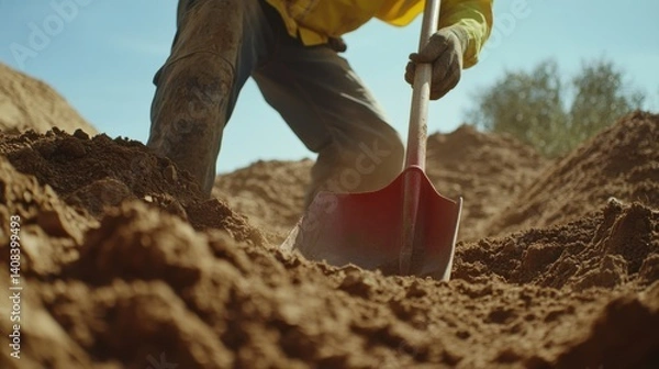 Obraz Construction worker digging at a site with a shovel. Featuring hard work and dedication
