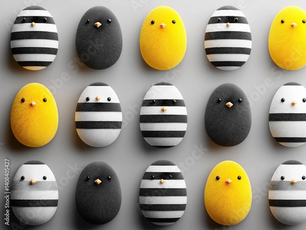 Obraz A playful arrangement of chicks and egg figures with fluffy textures and are depicted in various colors, including bright yellow, black, and white, with some featuring stripes