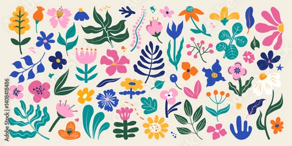 Fototapeta Set of abstract botanical organic elements in doodle style. Funky colorful flat flowers and leaves for patterns, posters, cards, fabric and digital design projects.
