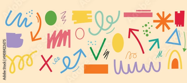 Obraz Set organic grunge bold shapes, curved lines and dots. Geometric vector set in Memphis style. Grunge swirled brush stroke