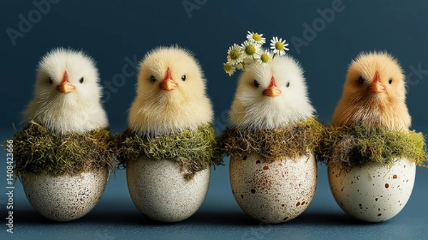 Obraz Adorable composition featuring four fluffy chicks sitting inside egg shells decorated with moss and small daisies. Each chick has a unique and expressive look, creating a charming and lifelike scene