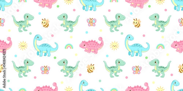 Fototapeta Bright seamless dinosaur pattern with bees, rainbows, and sunshine on white for joyful kids designs