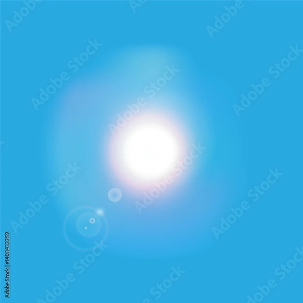 Fototapeta Bright, dazzling sun with glare in the clear blue sky, radiating warmth and light. Symbol of energy and life. EPS10 vector illustration.