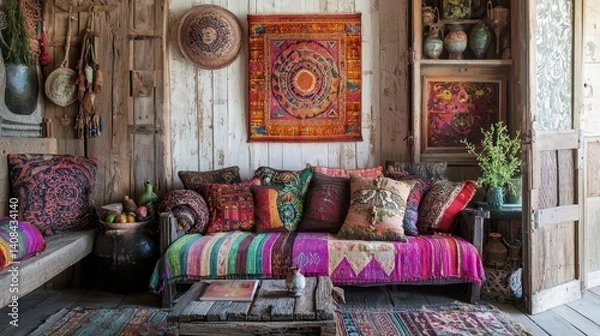 Obraz Boho living room with colorful textiles, rustic wooden furniture and wall decor.