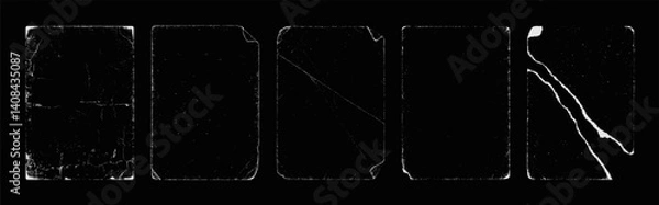 Fototapeta Paper overlay texture, torn textures effect. Overlay template stamps with torn, grainy, dust effect. Dirty stamps with frayed and broken edges, kinks, bent corners. Vector paper template, graphic set