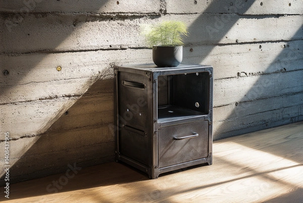 Fototapeta Sleek Steel Nightstand Crafted from Industrial Materials, Seamlessly Merging Modern Design with Timeless Functional Artistry