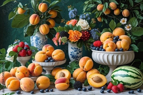Fototapeta Vibrant Fruit and Flower Arrangements Featuring Apricots Berries and Melons on Lush Backgrounds