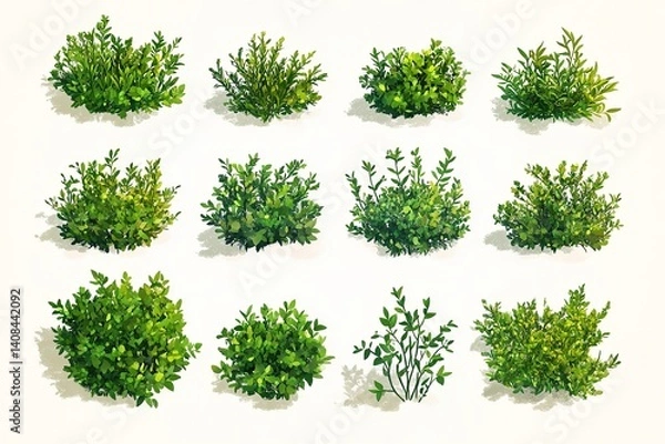 Fototapeta Twelve green bushes arranged in a grid pattern against a plain white background art illustration