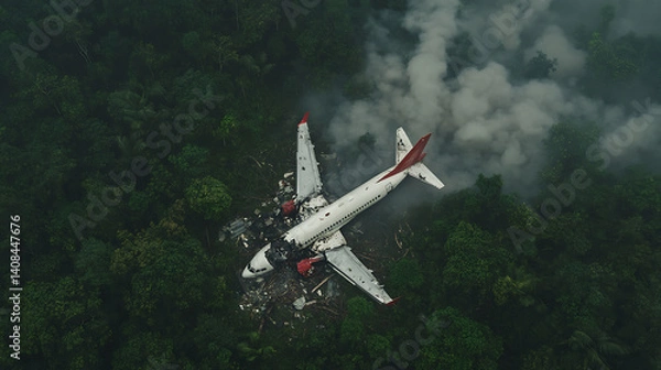 Fototapeta Aerial view of a crashed airplane in a dense, green forest, smoke rising in the background. A scene of aviation disaster and environmental impact.