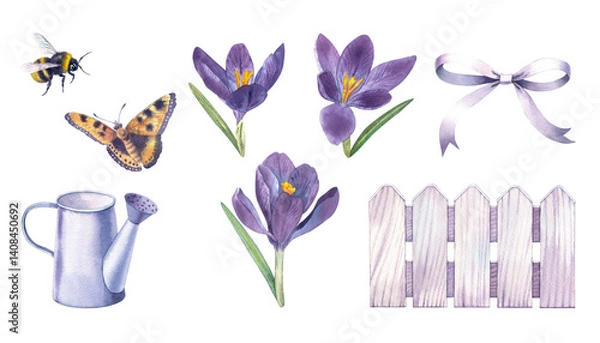 Fototapeta Hand drawn purple crocus flower, butterfly, bumblebee, watering can, fence, bow knot. Watercolor illustration isolated Background. Spring crocuses flowers drawing. Hand-painted floral invitation, card