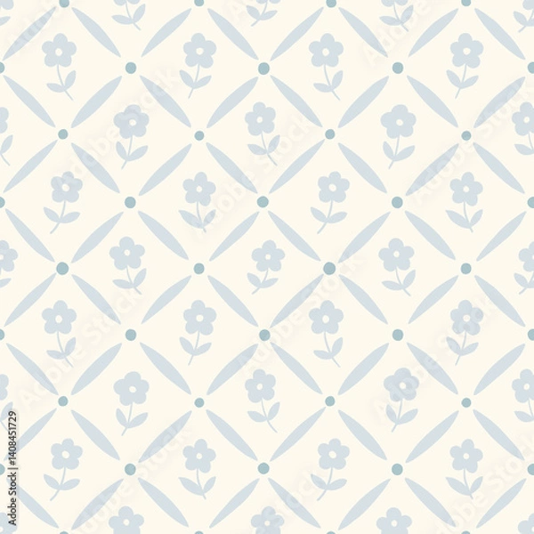 Obraz Delicate blue and cream floral and diamond grid vector seamless pattern. Vintage geometric hand-drawn print for traditional textiles with romantic simple daisy flowers and classic cottagecore trellis
