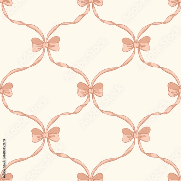 Obraz Romantic Grandmillennial blush bows and ribbon ogee trellis vector seamless pattern pattern on cream background. Vintage decorative cottagecore print for textiles, wedding, nursery, wallpaper