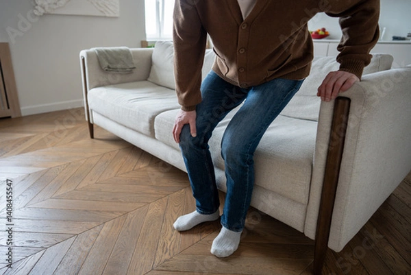 Fototapeta Unrecognizable man holds swollen knee while painfully attempting to stand up from sofa. Joint inflammation, movement difficulty, arthritis and knee osteoarthritis, chronic pain, mobility impairment 