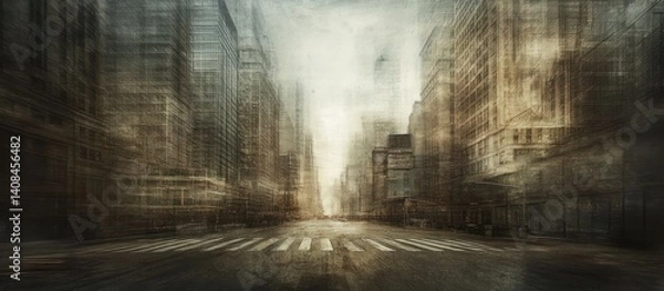 Fototapeta A surreal abandoned NYC, eerie stillness enveloping empty streets and silent skyscrapers, captured in a vintage photo style with muted tones and soft light