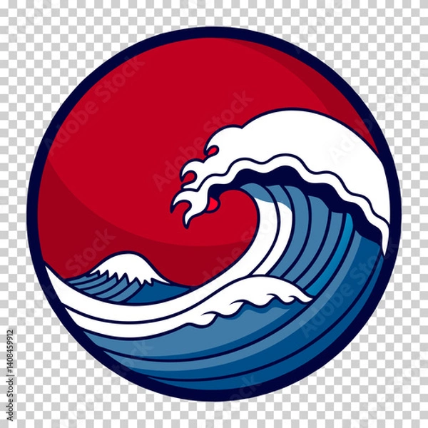 Fototapeta Minimal Wave Icon in Ukiyo-e Style with Red and Blue Colors  