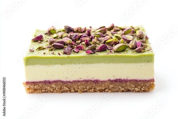 Fototapeta A square slice of layered dessert topped with pistachios and rose petals on a white background