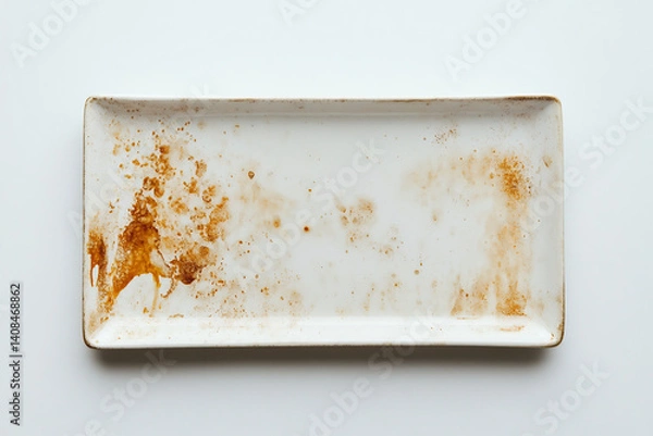 Fototapeta Empty Stained Rectangular Plate with Residue on White Background

